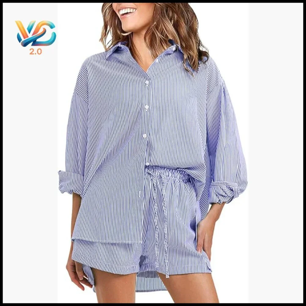 Long Sleeve Button Down Shirt Matching Shorts Set Size Small Cotton Polyester